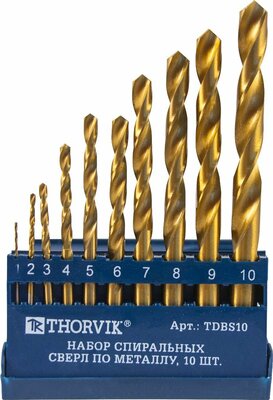 TDBS10 Набор спиральных сверл по металлу HSS TiN в пластиковый кейсе, 10 предметов Thorvik 23666