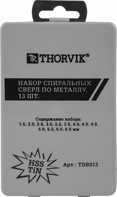 TDBS13 Набор спиральных сверл по металлу HSS TiN в металлическом кейсе, 13 предметов Thorvik 14466