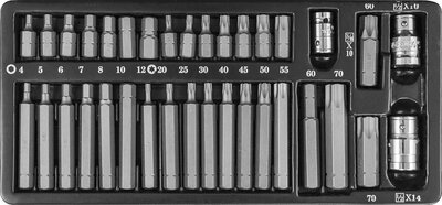 Набор вставок-бит 10 мм шестигранных Н4-12мм, TORX® Т20-Т70 (30 и 75 мм) и адаптеров 3/8’’DR и 1/2’’DR, 35 предметов JONNESWAY 3440